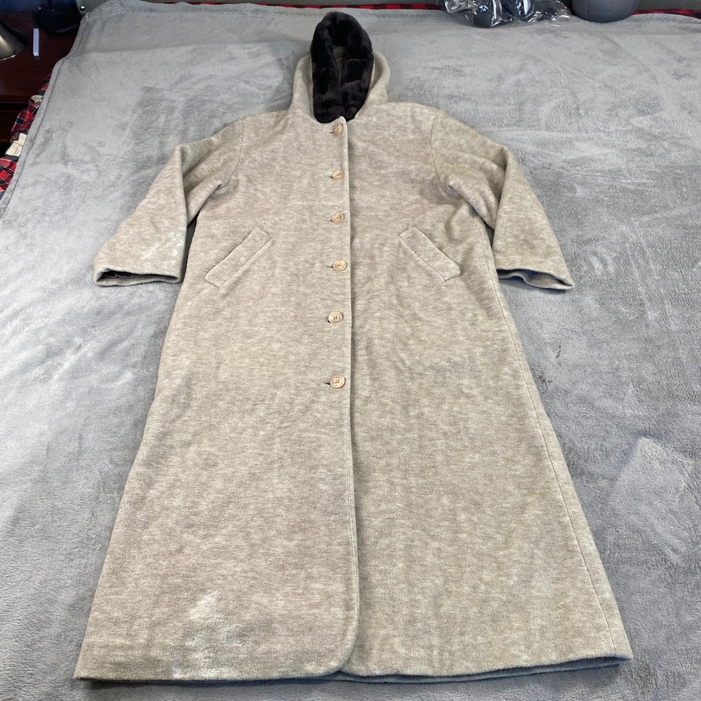 L.L. Bean Coat Womens MP Beige Wool Blend‎ Hooded Longline Faux Fur Trim NA21